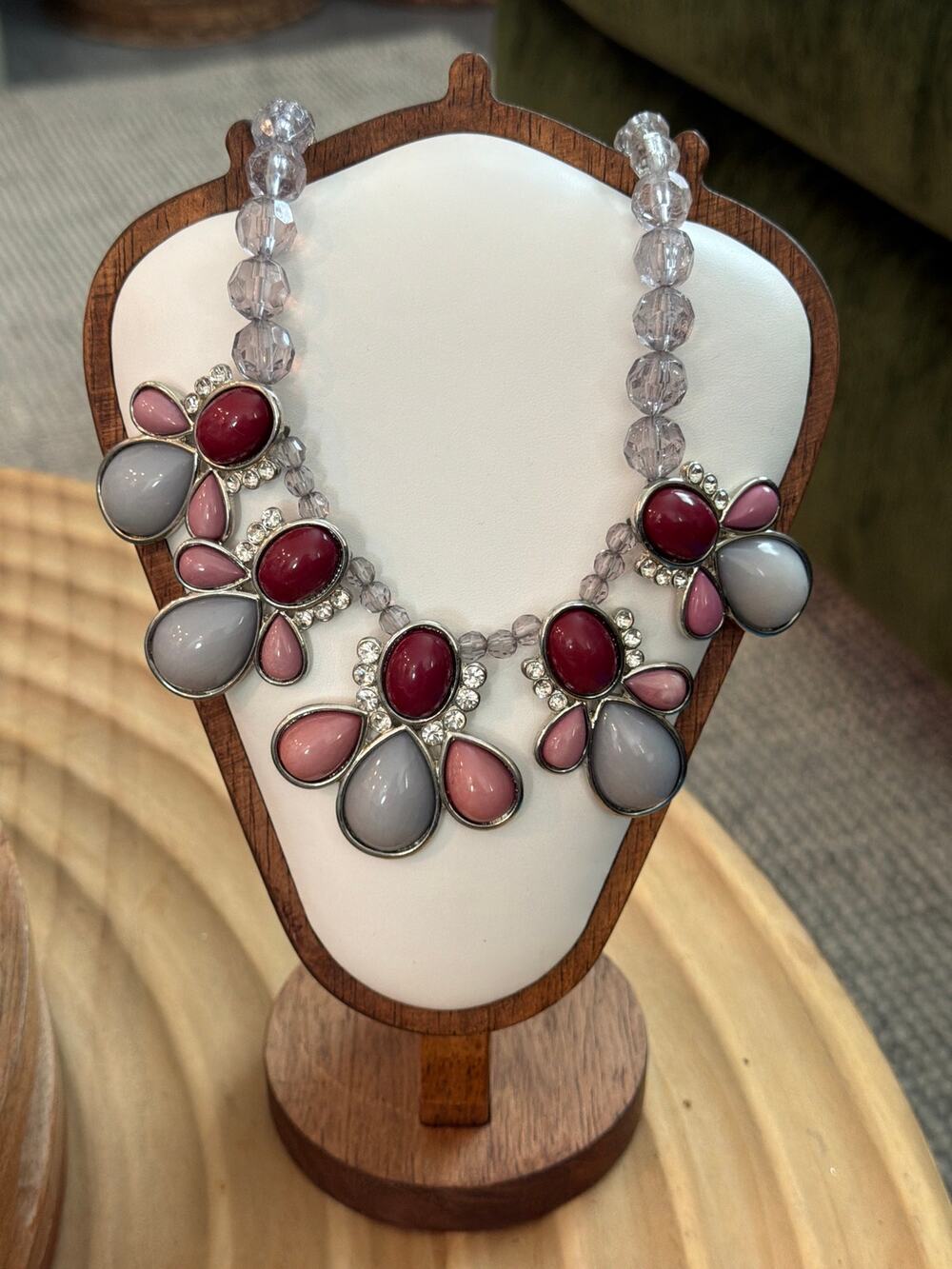 Silver tone gray pink and burgundy statement necklace